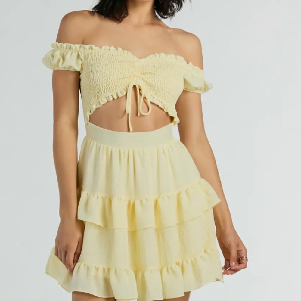 Windsor Off-The-Shoulder Yellow Ruffled Skater Dress, Size L, NWT
